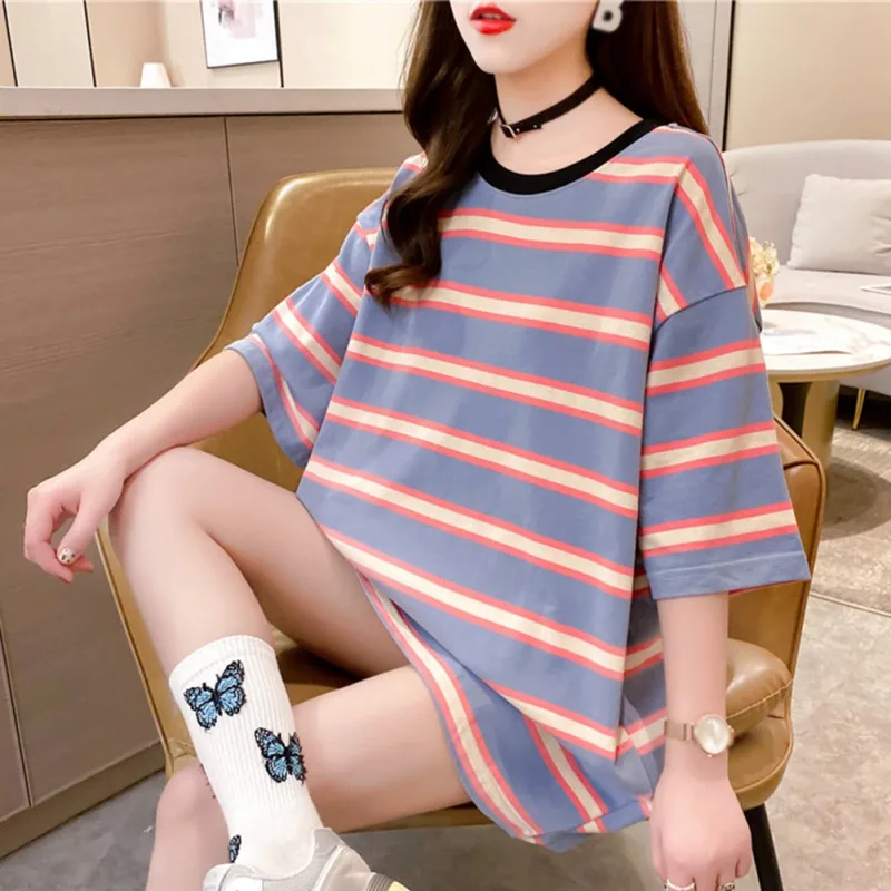 

Women's Fashion Short-sleeved T-shirt Student Women's Spring And Summer Couple Wear Striped Loose Round Neck Simple Top New