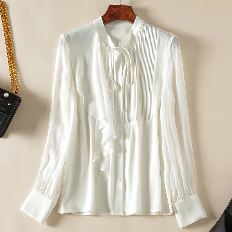 

Real Silk Women's White Shirt Elegant Bow Stand Collar Folds Long Sleeve Woman Shirts Blouses Office Lady Solid Blouse Tops