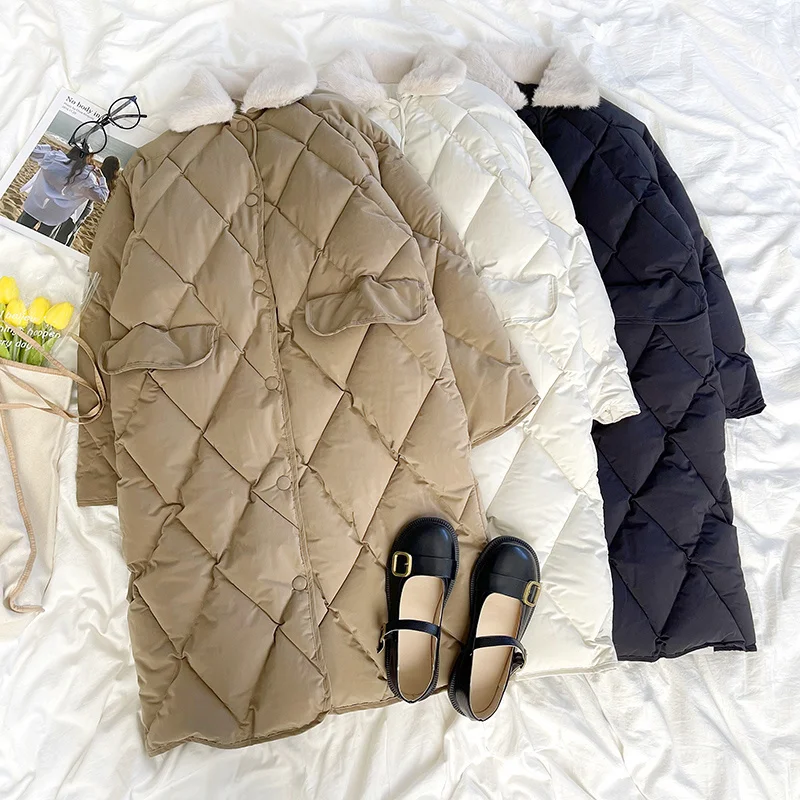 

Fuzzy Lapel Flap Detailed Button Up Long Quilted Coat Khaki / White / Black