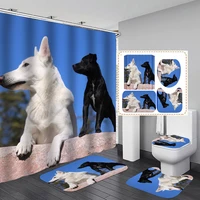 black dog and white dog polyester fabric shower curtain non slip bath mat toilet lid cover rugs home bathroom decor set