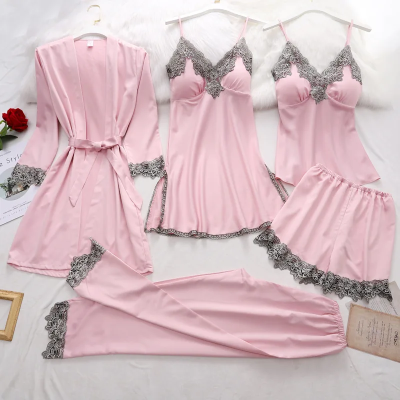 5PC Silk Robe Sleep Suit Womens Lace Satin Pajamas Gown Set V-Neck Cami Nighties Wear Pijama Home Nightwear Spring Nightdress | Женская