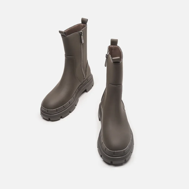 

Fashion Women Mid Celf Boots Autumn Solid Color Thickening Ladies Short Boots Large Size Flat Thick Heel Zipper Female Footwear