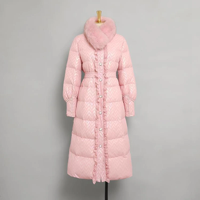 Women Winter Cotton Coat With Scarf  Vintage Sweet Lantern Sleeve Imitation White Duck Down Pink Mid-Length Jacket