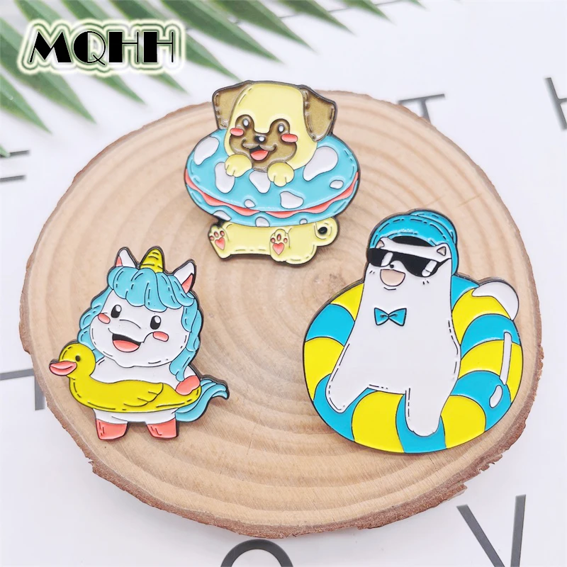 Забавные Животные плавательные эмалевые булавки собака белый медведь утка пони