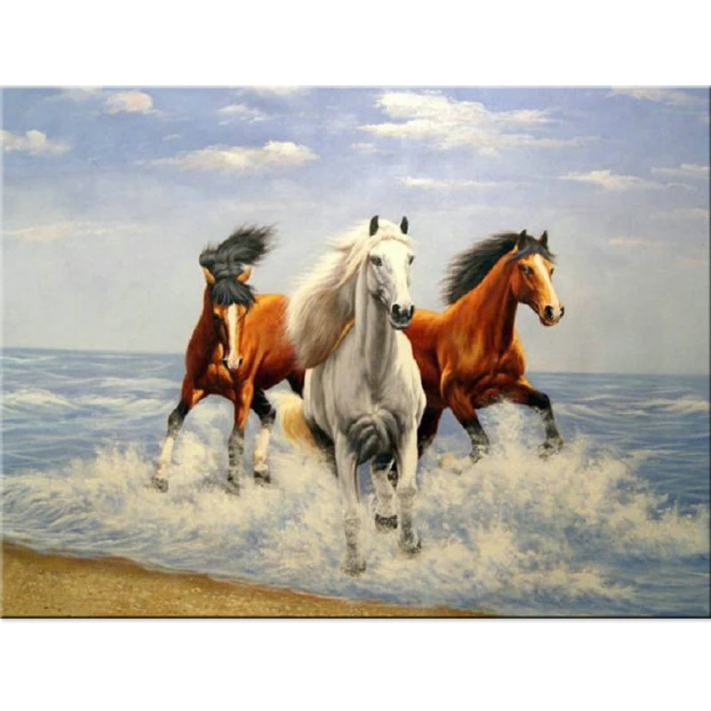 Алмазная 5D картина сделай сам с полным покрытием 3D рисунок Лошадь и море круглая
