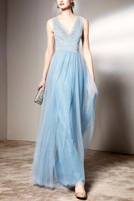 

Fairy Fashion Elegant Light Blue Mesh Dress High Waist Slim Goddess V-neck Sleeveless Dress 2021 Fresh Banquet Party Maxi Dress