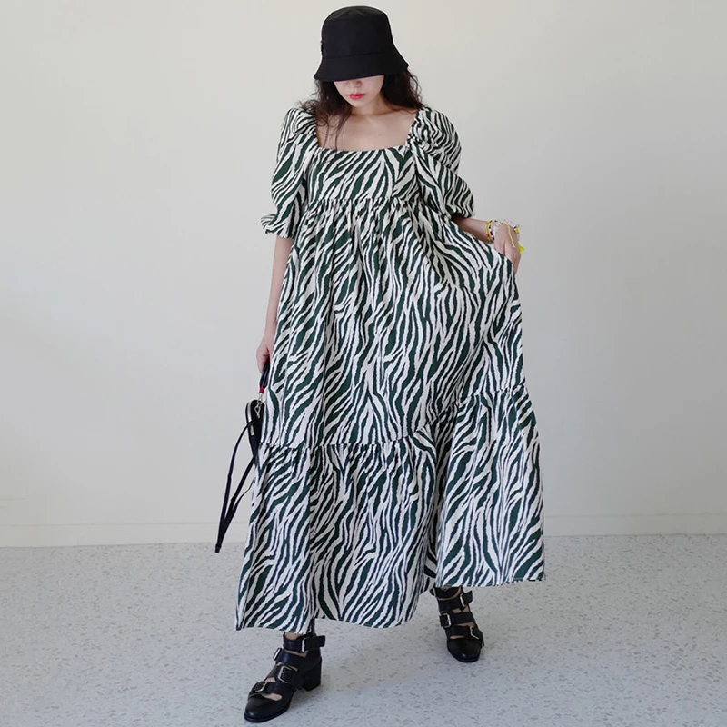 

2020 Summer High Streetwear Korean Chic Vintage Square Collar Puff Sleeve Loose Dress Elegant Female Mid-calf Maxi Dress Women