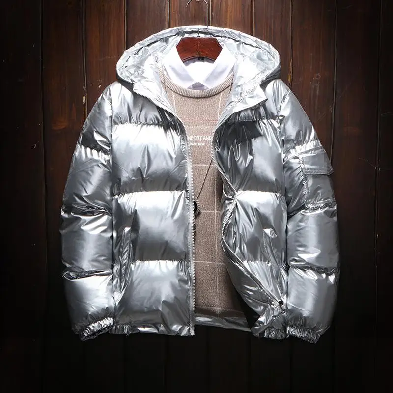 Men's Streetwear Oversize Bright Gold Silver Parkas Men Thicken Warm Winter Jackets Coat Male Windbreaker Parka Men Clothes - Цвет: Silver Parka Men