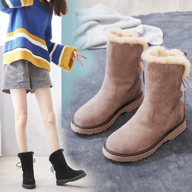 Женские зимние ботинки из натуральной кожи зимние плюшевые ботинки до середины икры женская зимняя обувь женские Ботинки на каблуке теплые зимние ботинки для женщин