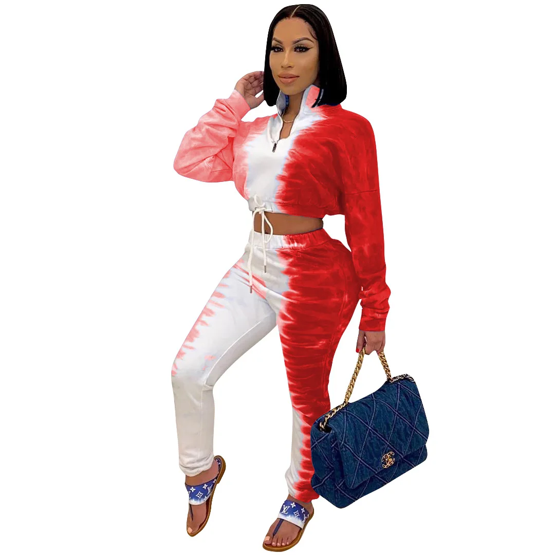

Autumn Tracksuit Casual Printed Stretch Sweater Waist Sports Two-piece Sets for Women European and American Clothing
