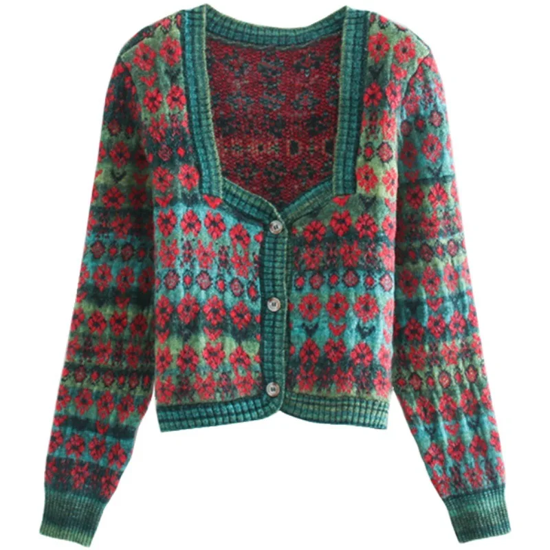 

Женский вязаный свитер с квадратным вырезом, длинным рукавом и цветочным принтом