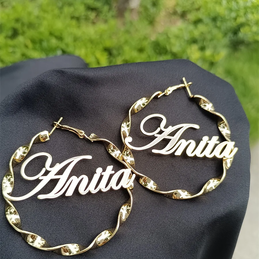 Gosun 2021 Popular Threaded Custom Earrings Round Large Earrings Jewelry Customize Stainless Steel Hoop Name Letter Earrings