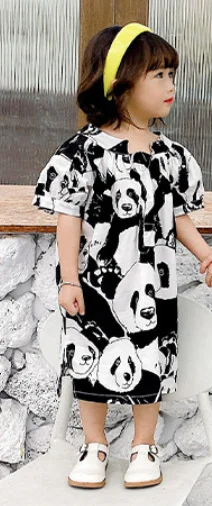

Summer Monther and Girls Fashion Panda Printing Short Sleeve Dress Cotton Thin Cool Family Matching Dress