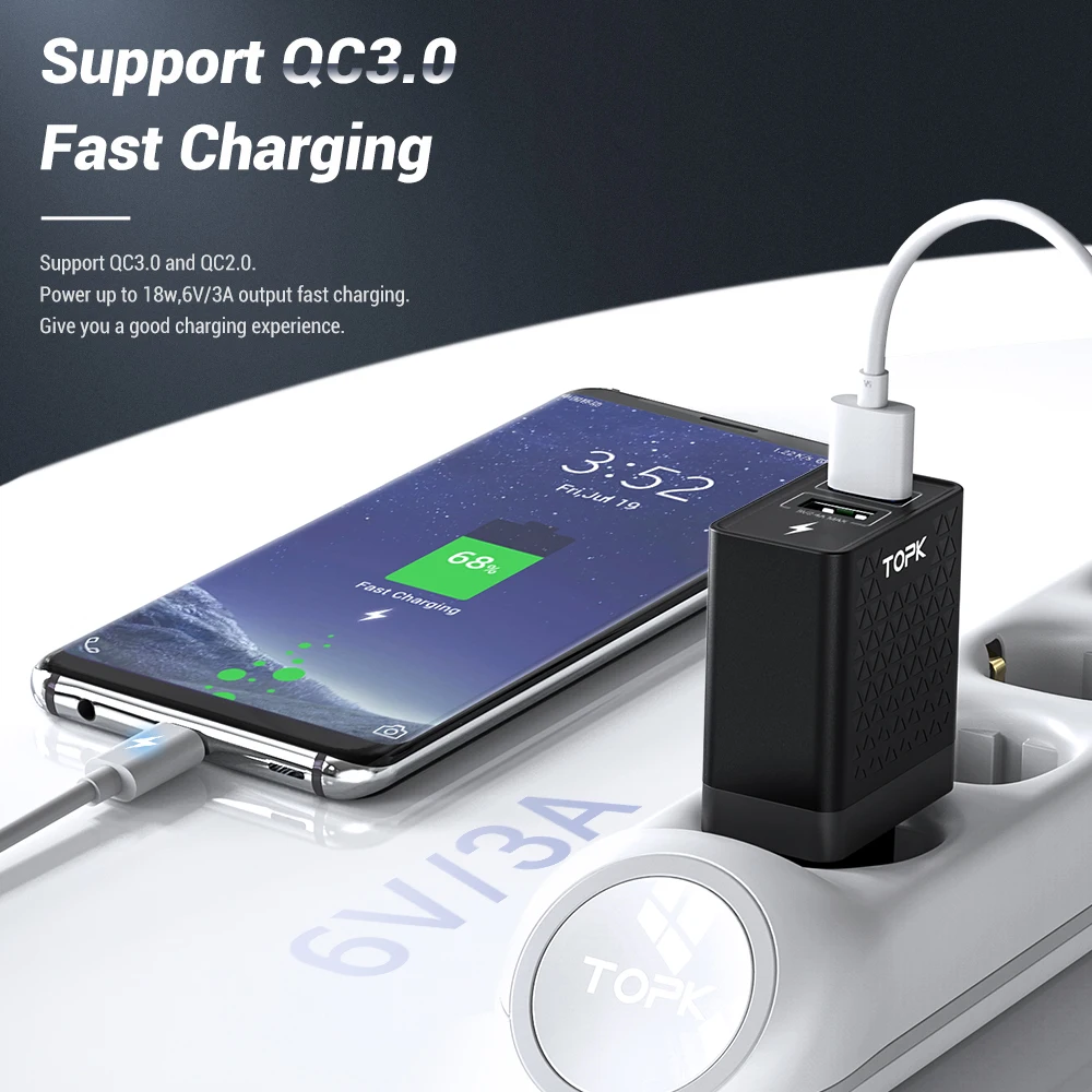 Адаптер питания TOPK B254Q с 2 USB портами и поддержкой быстрой зарядки 3.0 27 Вт|Зарядные