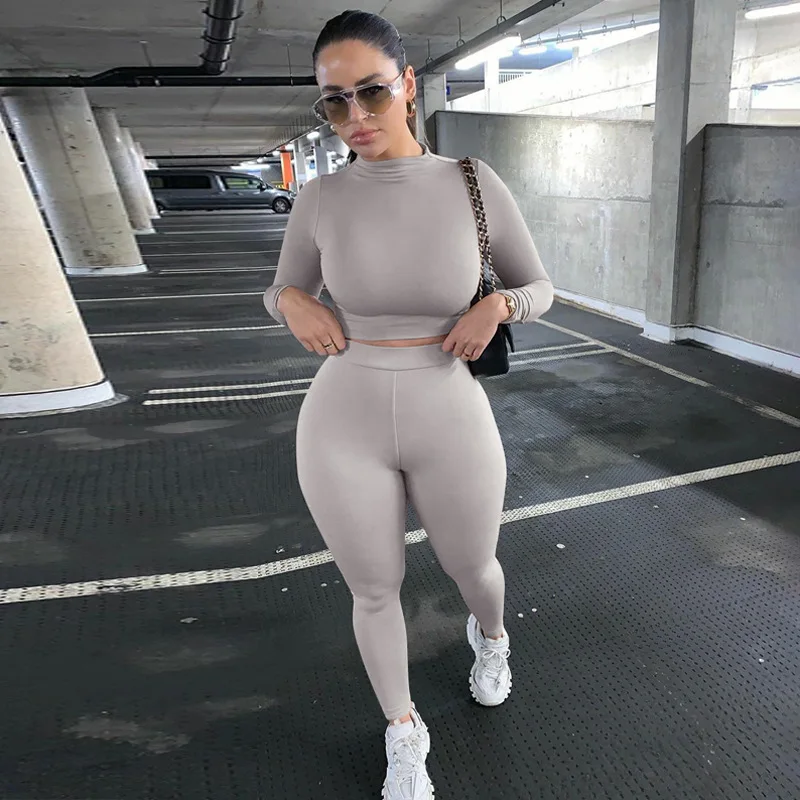 

Women Clothes Set Long Sleeve Sportswear, Solid Color Elastic Crop Top + Tight-fitting Long Pant 2-Pcs Outfit