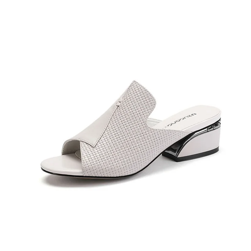 

Women's mid-heeled sandals and slippers white soft leather sleeve foot word dragging 2020 summer fish mouth flat shoes 35-41