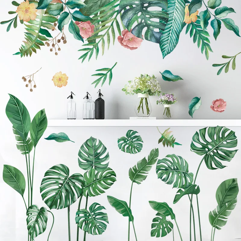 

[SHIJUEHEZI] Green Plant Leaves Wall Stickers DIY Tropical Grass Wall Decals for Living Room Bedroom Nursery House Decoration