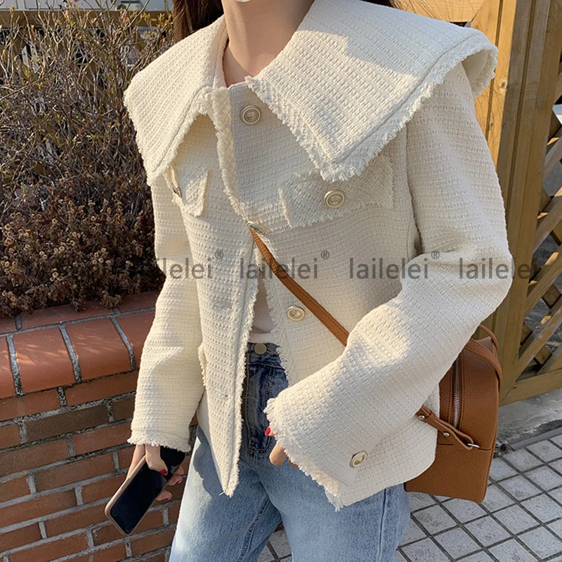 

Tweed Navy Collar Short Jacket Long Sleeve Button Solid Color Coat Korean Retro Elegant Winter 2021 New Warm Top