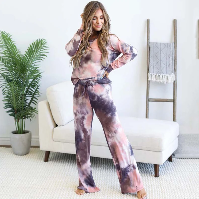 

2020 Autumn Tie Dye Sleepwear Women's Pajamas Set Loose Home Suit Women Nightwear Winter Pajamas Pants Lounge Wear Female