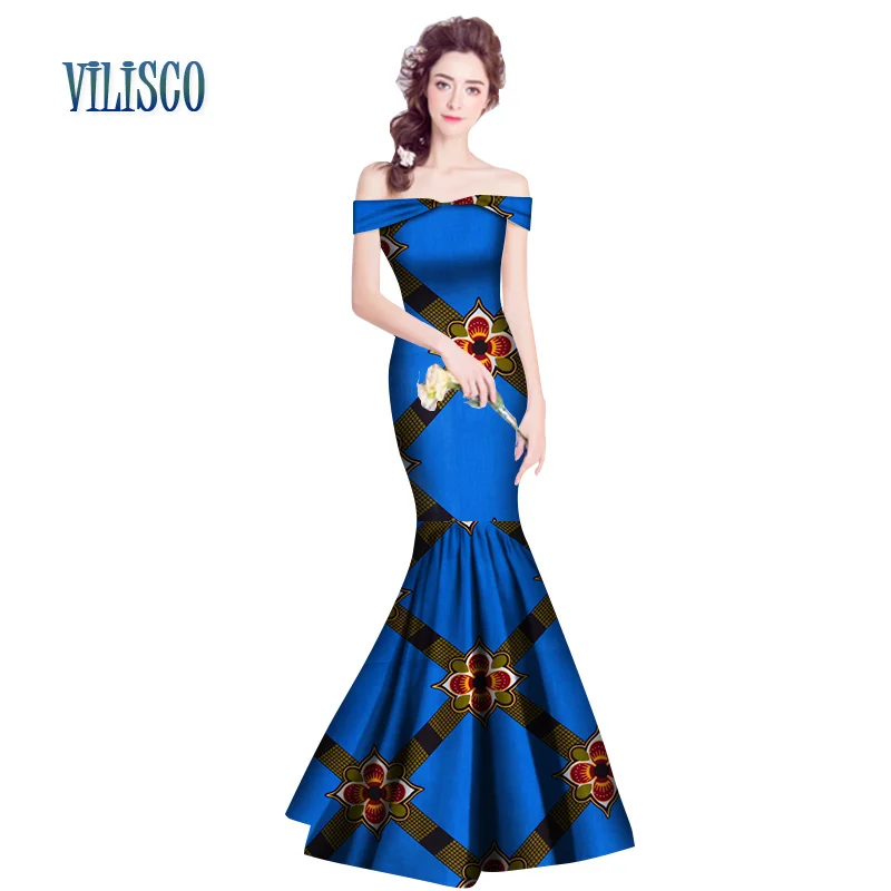 

African Print Dresses for Women Vestidos Bazin Riche Flower Mermaid Slash neck Dress Plus Size African Women Clothing WY2834