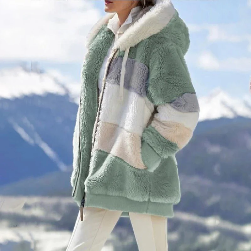 

Winter Warm Plush Furry Women Jackets New Fashion Patchwork Zipper Pocket Hooded Coats Ladies Casual Loose Long Sleeve Outerwear