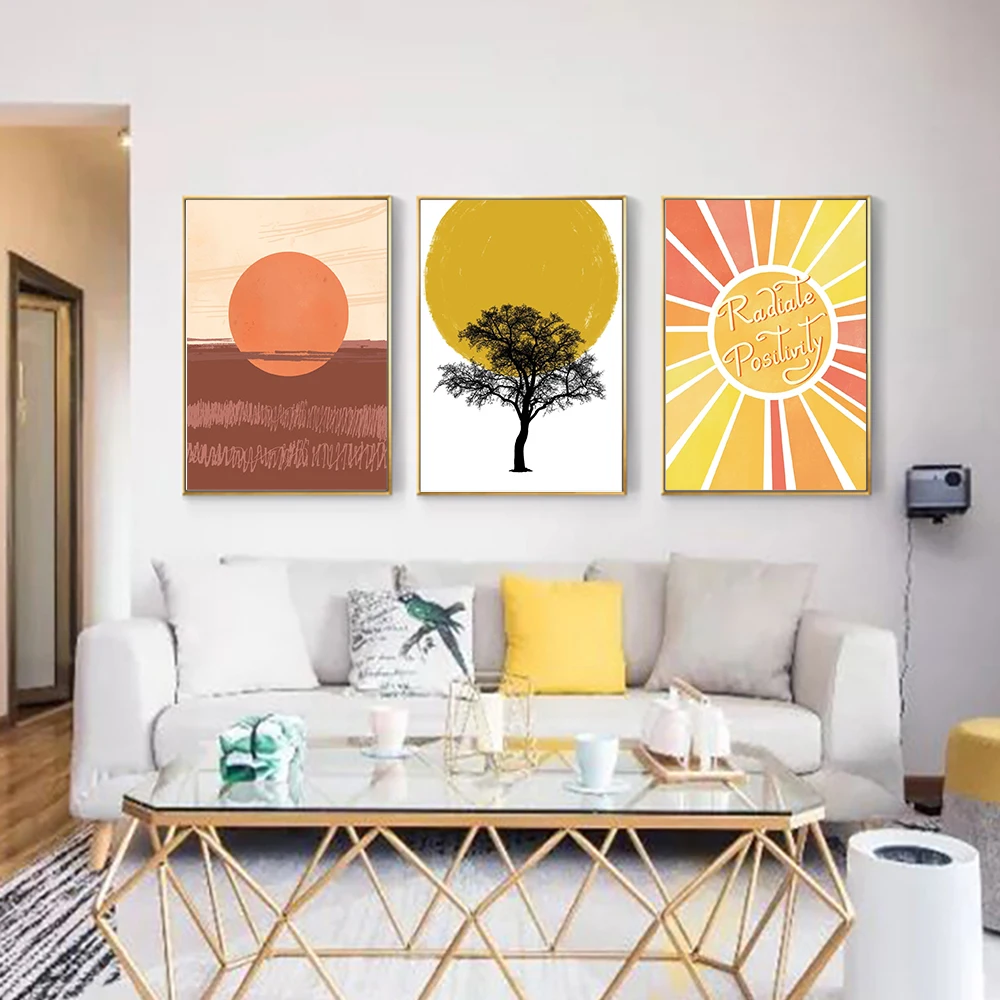Минималистичная Картина на холсте в стиле бохо с желтым солнцем Настенная