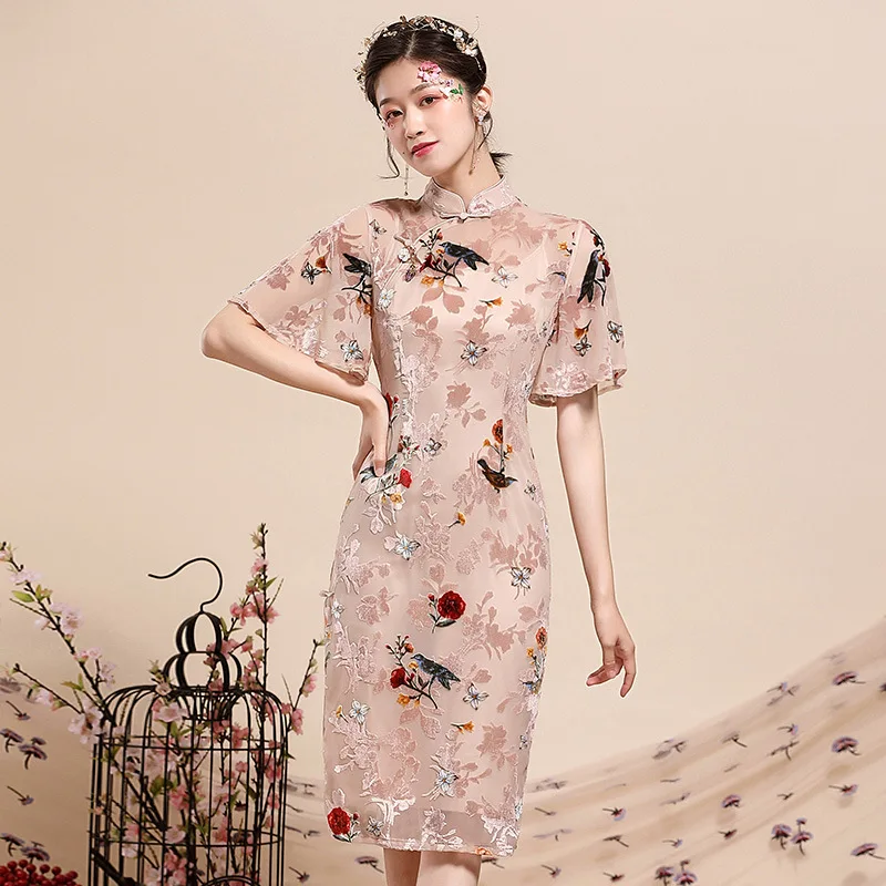 

Summer Dress Woman S-XXL 2020 New Stand Collar Short Sleeved Vintage Chinese Style Flocking Embroidery Slim Elegant Pink Dress