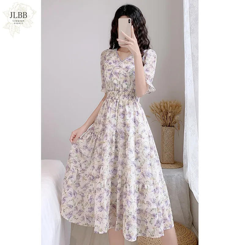 

Dress Midi Chic Long Summer Elegance V-neck Floral Print Sweet Floral Elegance Chic Print Long Midi Dress