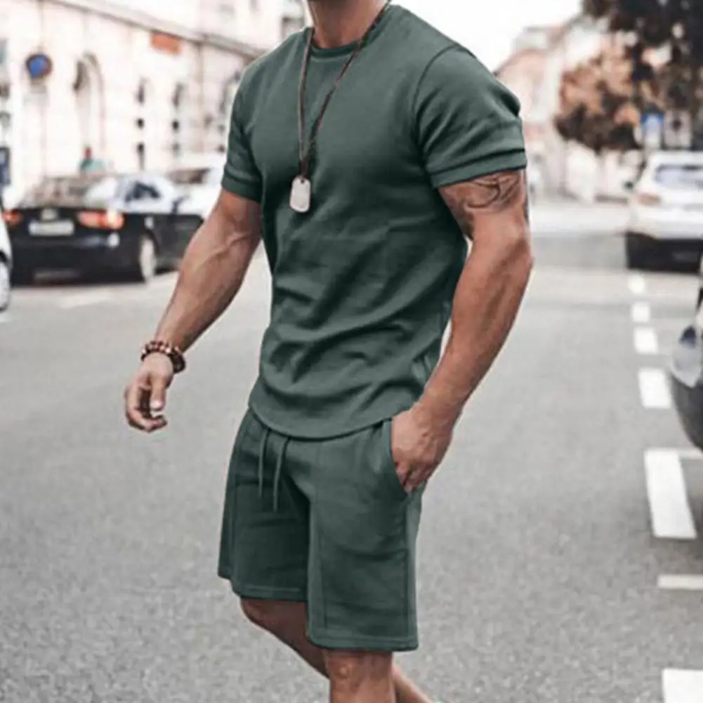 

Tracksuit Solid Color Drawstring Men Loose Short Sleeve T-shirt Pocket Shorts Male Summer 2 Piece Set Casual Clothes