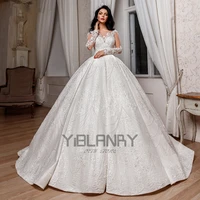 luxury wedding dress satin with ball gown applique beadings long sleeve bride dress sweep train bridal gown plus size robes de m