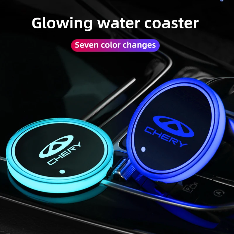 

For CHERY TIGGO 3 4 5 7 PRO 8 Plus 2Pcs Car Logo 7Colors Water Cup Coaster Holder Color Atmosphere lights Car Accessories