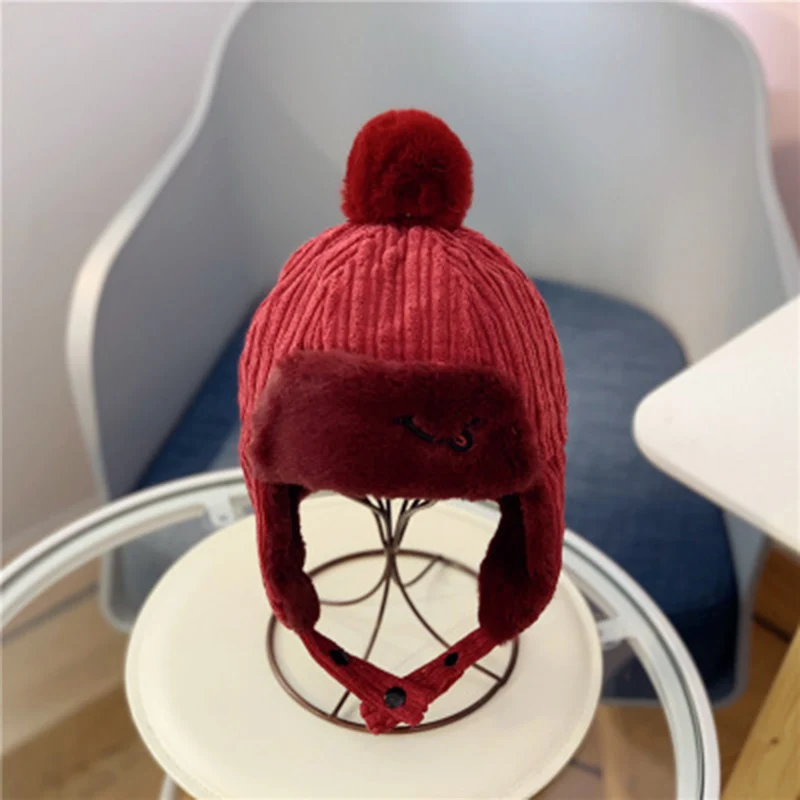 Wine red Детские зимние теплые шапки-бомберы для детей, Вельветовая Меховая зимняя шапка-ушанка, сохраняющие тепло шапки, русская маска с черепом, детские шапки-бомберы для детей 1-8 лет - Цвет: Wine red