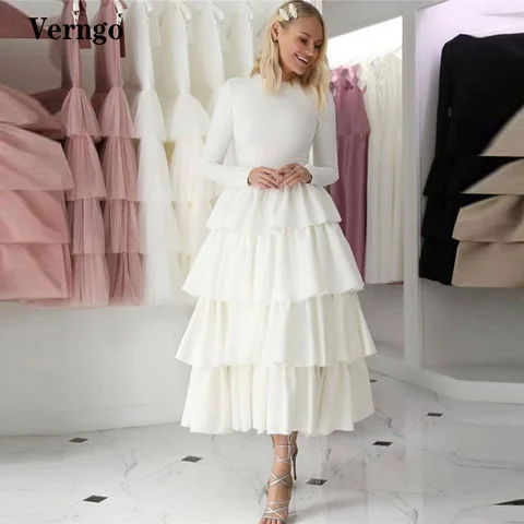 Verngo Modest White Black Layered Skirt Evening Party Dresses Long Sleeevs O-Neck Tiered Mid-Calf Formal Party Gown Women