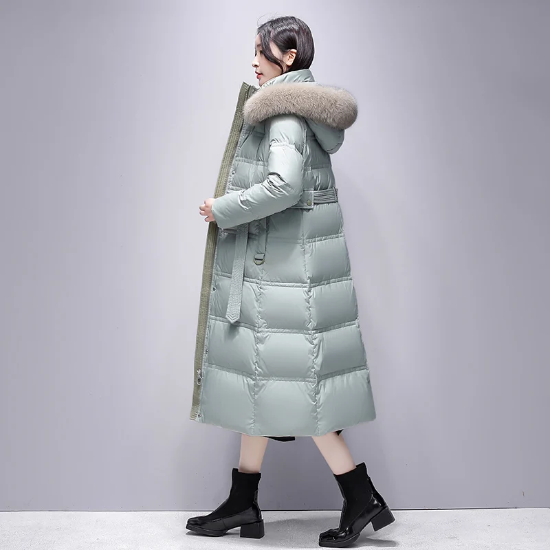 Down Jacket Women's New Fashion Long below Knee Thickening Cinched Hoodie Fox Fur Jacket women coat
