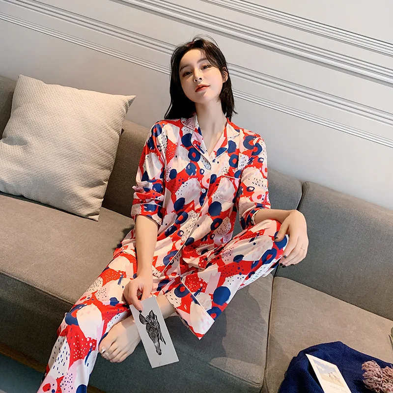 

2020 Satin Pyjamas Women Pajamas Sets with Pants Flower Print Long Sleeve Silk Sleepwear Pijama Mujer Female Nightsuit