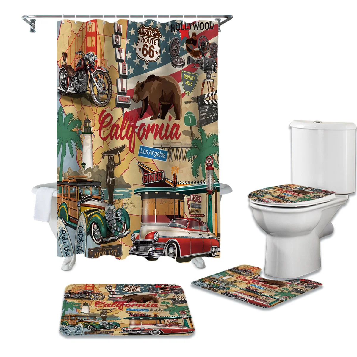California коричневый Медведь Авто шоссе Ретро занавеска для душа водонепроницаемый