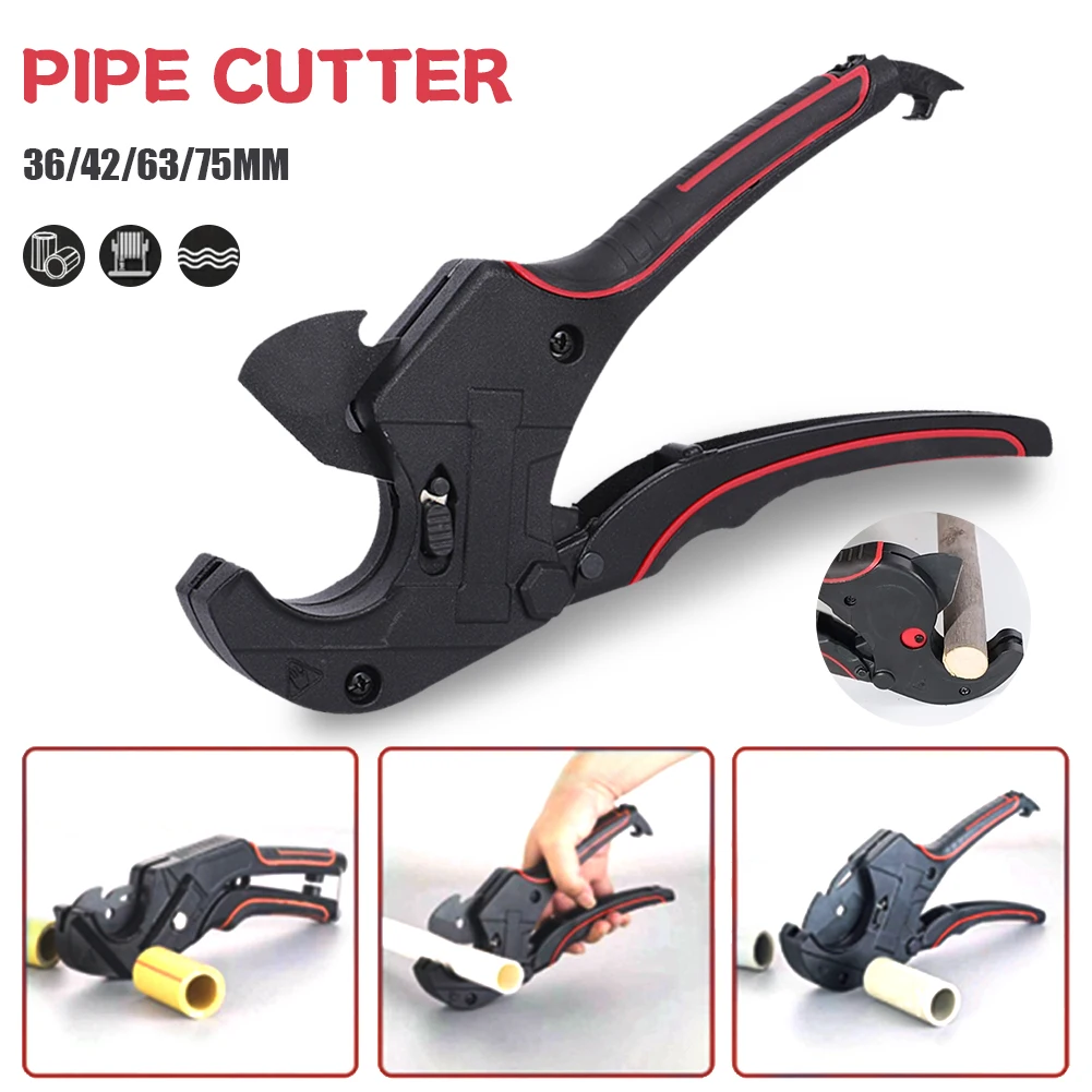 36/42/63/75mm Pipe Cutter Ratchet-Type Tube and Pipe Scissors SK5 Blade Ratchet PVC/PE/VE Tubing Cutter with Lock Hand Tools 