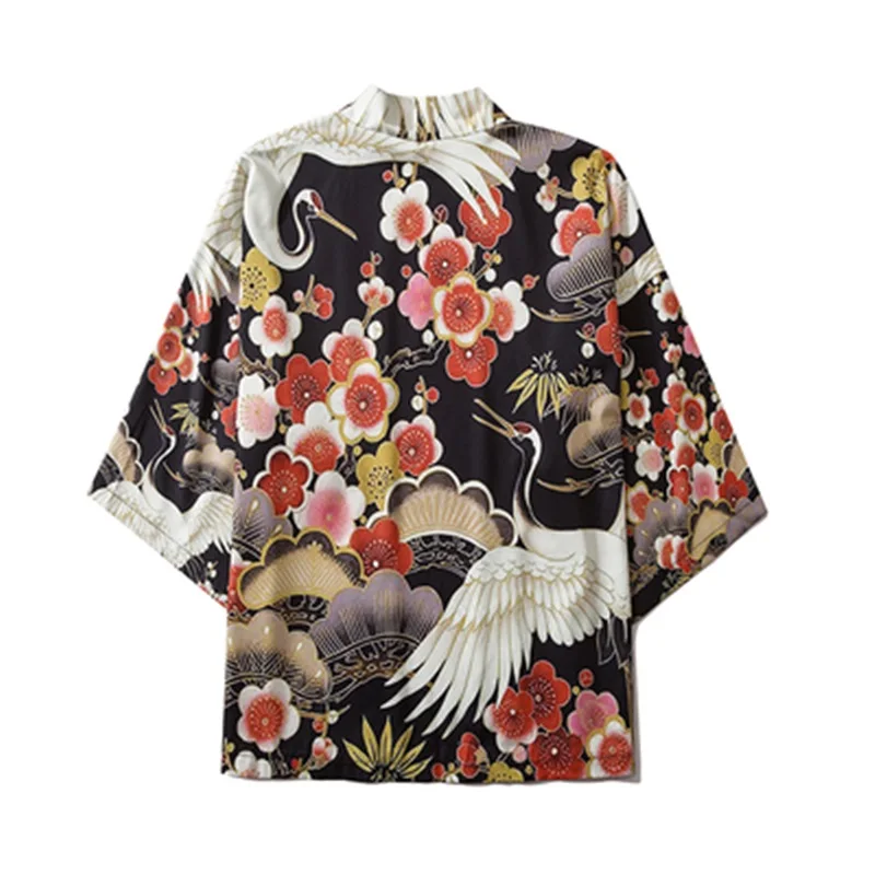 

Japanese Style Crane Print Cardigan Beach Kimono Harajuku Women Man Yukata Streetwear Men's Traditional Korean Robe Top V2018