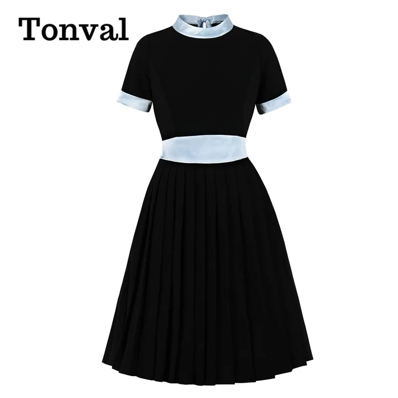 

Женское плиссированное платье Tonval, черное лоскутное платье с воротником-стойкой и высокой талией, платье до колена с бантом на спине