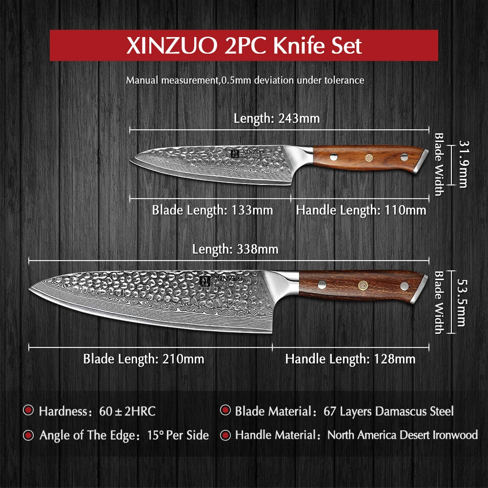 

XINZUO 2PCS Kitchen Knives Set Ironwood Handle Japanese Professional vg10 Chef Utility Knife Newest Damascus Steel Kitchen Knife