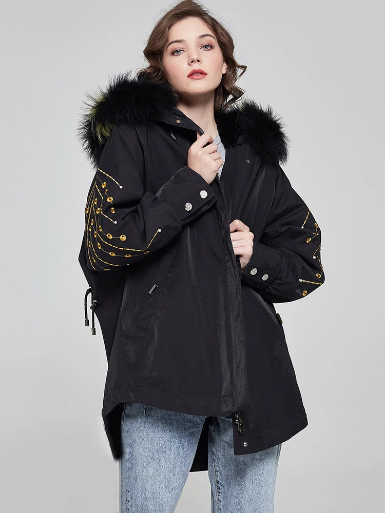 

Luxury Embroidery Women Parkas Real Fur Coats Natural Rex Rabbit Fur Liner 2020 New Hooded Thick Warm Women Winter Coat M L XL