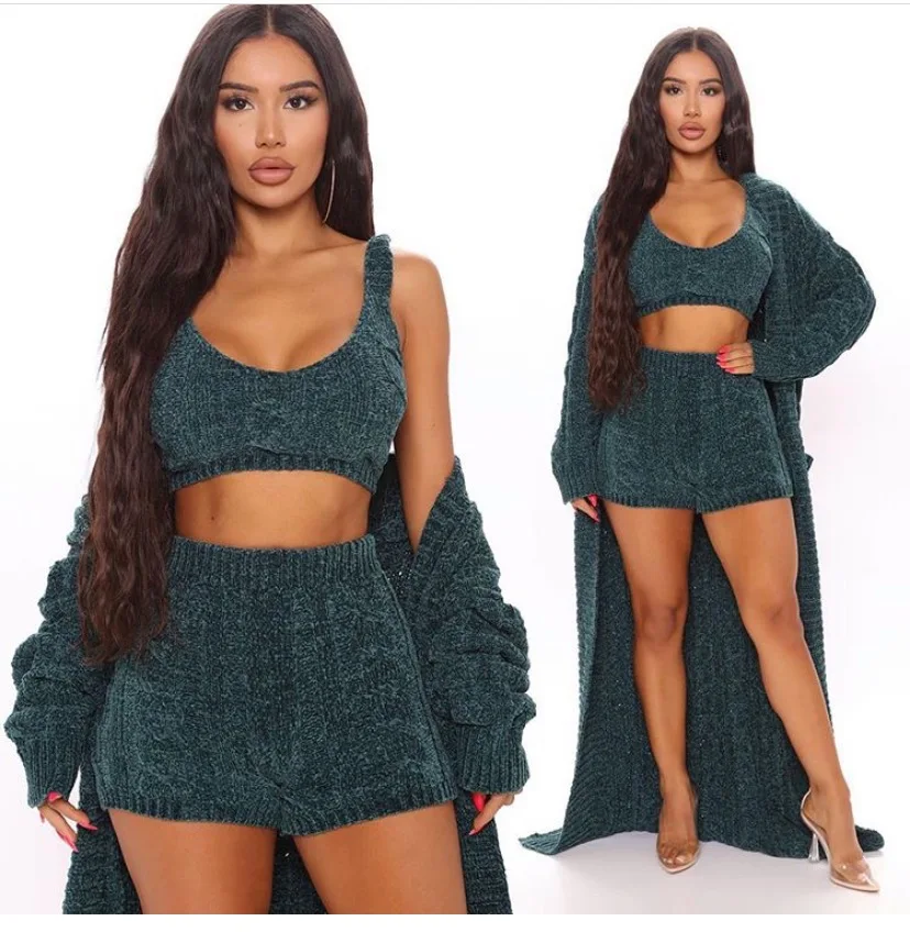 

2020 Autumn Winter Sexy Women Knitted three-piece suit Popular Tube top and shorts For women