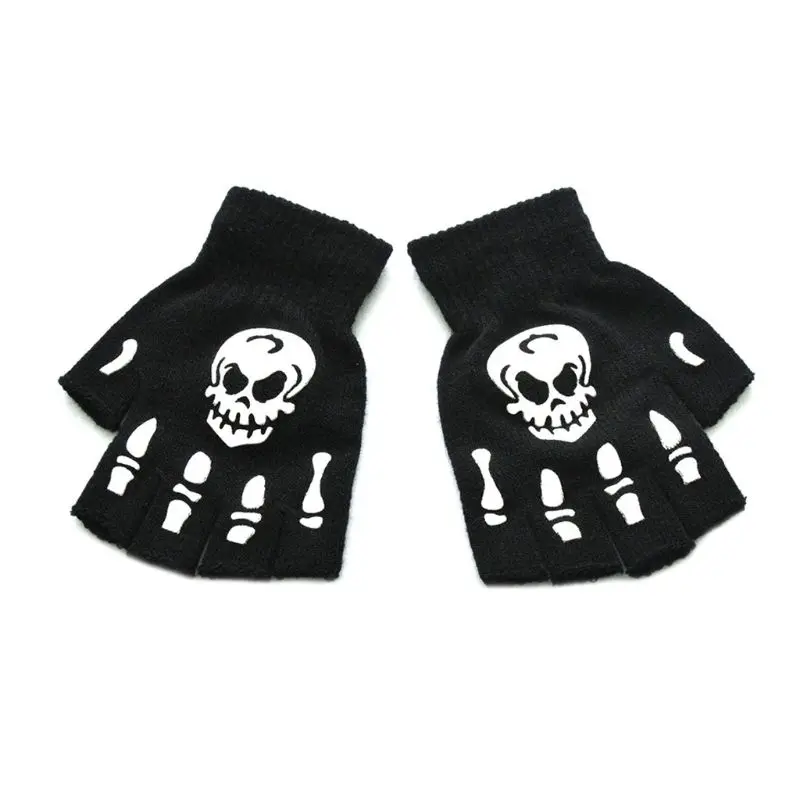 

Unisex Adult Halloween Skeleton Skull Half Finger Gloves Luminous Winter Mittens