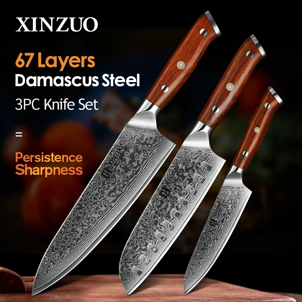 

Набор кухонных ножей XINZUO, 1 или 3 шт., японские кованые ножи из дамасской стали шеф-повара сантоку, ручка из нержавеющей стали и палисандра