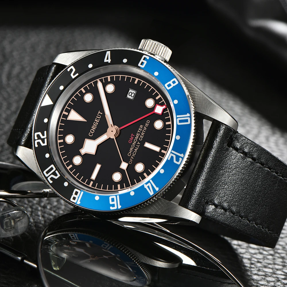 Corgeut люксовый бренд Schwarz Bay GMT Мужские автоматические механические часы Военные Спортивные часы для плавания кожаные механические наручные часы