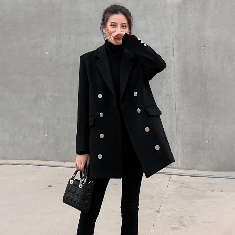 

Black Loose Fit Double Breasted Thick Woolen Coat Parkas New Long Sleeve Women Fashion Tide Autumn Winter 2021 1DD2113