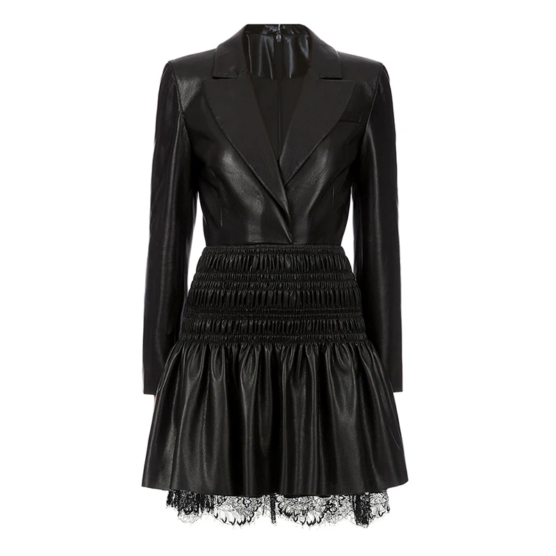 

DEAT Women Black Patchwork Pleated Lace High Waist Dress New Notched Long Sleeve Slim Fit Fashion Tide Summer 2021 7E0442