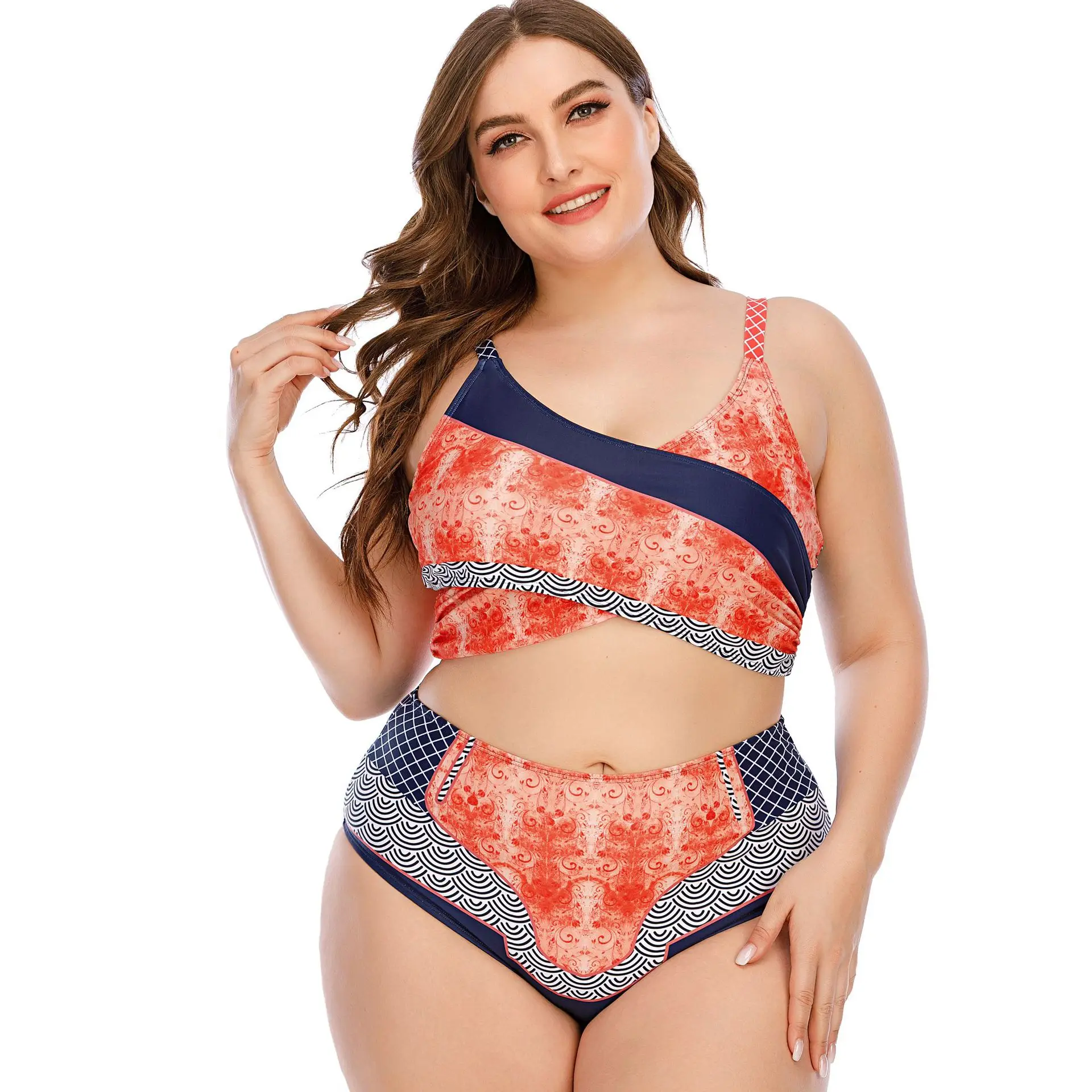 

Женский купальник с высокой талией, консервативный купальник из двух частей, большая чашка 2021, пляжная одежда с принтом, бикини, L XL 2XL 3XL 4XL 5XL