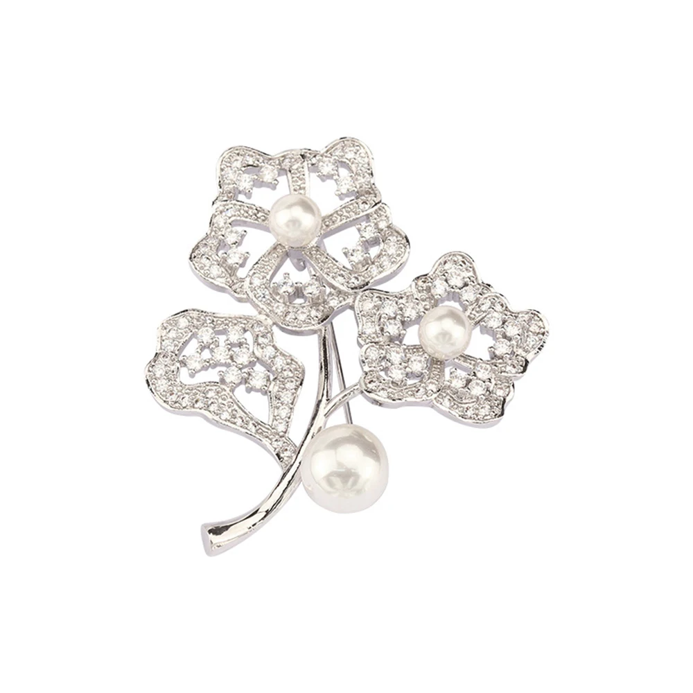 

High-grade copper inlaid zircon gemstone brooch Feminine temperament anti-fade pearl flower brooch accessories corsage