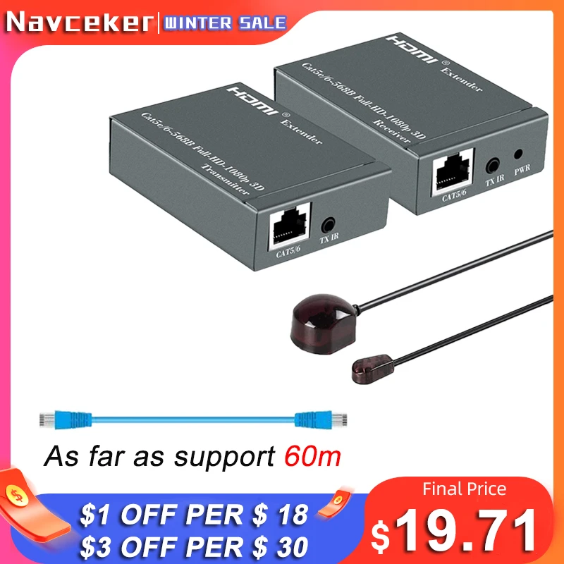 

Удлинитель сигнала Navceker, HDMI удлинитель RJ45, cat5, 60 м, HDMI удлинитель, аудио комплект, через ethernet cat6/5e для PS4, apple TV, ПК, ноутбуков, HD ТВ